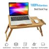 Bamboo Laptop Desk Breakfast Serving Bed Tray Foldable Leg Multi-Position Adjustable Tilt Surface Bed Lap Tray with Side Storage Drawer for Work Study