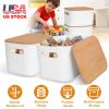 2Pcs Storage Bins with Bamboo Lids Stackable Plastic Storage Container with Handle Storage Box Accessories Holder for Bedroom Kitchen Shelf Closet